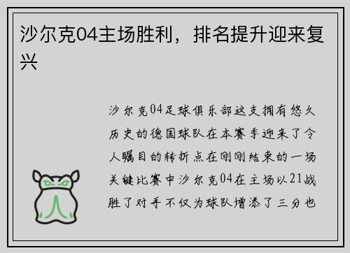 沙尔克04主场胜利，排名提升迎来复兴